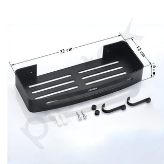 Plantex Bathroom Accessories Items/Space Aluminium Bathroom Shelf with Removable Hooks/Wall Mounted Shelf for Bathroom/Kitchen/Living Room - 12x5 inches, Black (Pack of 2)