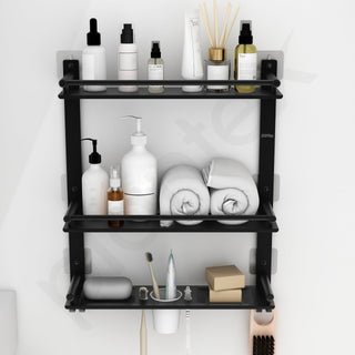 Plantex Self Adhesive Stainless Steel Shelf/Bathroom Organiser Without Drill/Shelf for Bathroom with Soap Dish/Toothbrush Holder/3 Tier Multipurpose Rack with Hooks (Black)