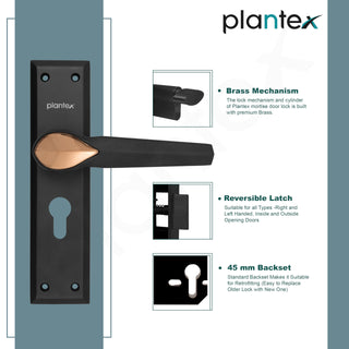 Plantex Heavy-Duty Door Lock Set - Main Door Lock Handle Set/6-Lever Lock Mechanism Mortise Lock with 3 Keys, Brass Lock Body & Cylinder (PTP-07, Black & Rose Gold)