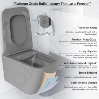 Plantex Imported Italica Ceramic Wall Hung Commode Toilet/Rimless Western Toilet/Washdown Commode with Soft Closing Toilet Seat - P Trap (Square - Matt Light Grey)