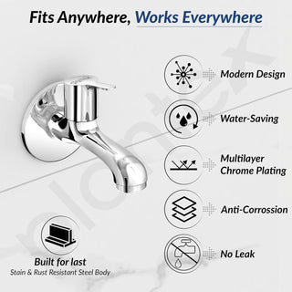 Plantex Bib Cock Tap for Bathroom/Long Body Taps/Wall Mount Tap for Wash Basin with Teflon Tape & Wall Flange - Pack of 1 (Rio, Chrome)