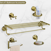 Plantex 304 Grade Stainless Steel Bathroom Accessories Set of 5 - Towel Stand/Napking Holder/Soap Holder/Toothbrush Holder/Robe Hanger - Skyllo (Brass Antique)