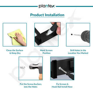 Plantex Aluminum Hook Rail with L-Shape Hooks for Walls of Bathroom/Kitchen–Hook Rail Bar for Clothes/Towel/Keys-Pack of 2 (8 Hooks, Black)