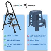 Plantex 3 Step Ladder for Home - Foldable Steel 3 Step Ladder-Wide Anti Skid Steps - Space-Saving (Grey & White)