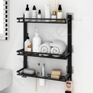 Plantex Self Adhesive Stainless Steel Shelf/Bathroom Organiser Without Drill/Shelf for Bathroom with Soap Dish/Toothbrush Holder/3 Tier Multipurpose Rack with Hooks (Black)