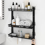 Plantex Self Adhesive Stainless Steel Shelf/Bathroom Organiser Without Drill/Shelf for Bathroom with Soap Dish/Toothbrush Holder/3 Tier Multipurpose Rack with Hooks (Black)