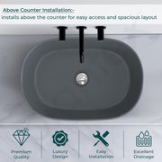 Plantex Ceramic Wash Basin for Bathroom/Oval Table Top Basin/Countertop Vessel Sink for Home/Hotel (22 x 14 x 6 inch - Cloud Grey)
