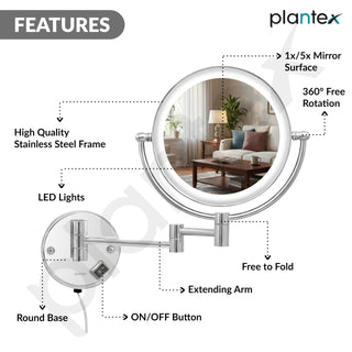 Plantex Brass and 304 Stainless-Steel Magnifying Mirror with LED/Makeup Mirror with Light/Zoom Mirror- 5x/1x Magnification (8 Inch-Chrome/Wall Mount)