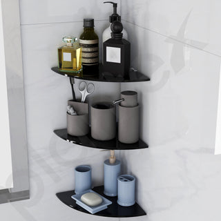 Plantex Glass Corner Shelf for Bathroom/Living Room/Kitchen Corner Shelf, Wall Mount/Glass Shelf for Bathroom Wall (9x9 Inches, Black, Pack of 3)