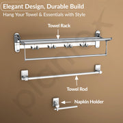 Plantex Stainless Steel 304 Grade Towel Rack with Stainless Steel 304 Grade Darcy Bathroom Accessories Set 5pcs (Towel Rod/Napkin Ring/Tumbler Holder/Soap Dish/Robe Hook)