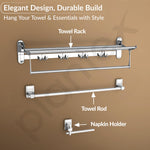 Plantex High Grade Stainless Steel Folding Towel Rack with Stainless Steel 304 Grade Darcy Bathroom Accessories Set 5pcs (Towel Rod/Napkin Ring/Tumbler Holder/Soap Dish/Robe Hook)