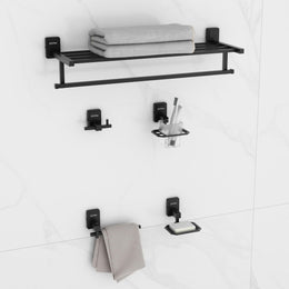 Plantex 304 Grade Stainless Steel Bathroom Accessories Set of 5 - Towel Stand/Napking Holder/Soap Holder/Toothbrush Holder/Robe Hanger - Darcy (Black)