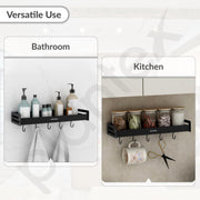 Plantex Multipurpose Aluminium Bathroom Wall Shelf / Bathroom Shelf Rack With Movable Hooks / Bathroom Accessories Set / Shelf for Bathrooms / Kitchen Organiser -(Black)