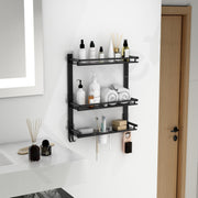 Plantex Self Adhesive Stainless Steel Shelf/Bathroom Organiser Without Drill/Shelf for Bathroom with Soap Dish/Toothbrush Holder/3 Tier Multipurpose Rack with Hooks (Black)