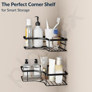 Plantex Self Adhesive Corner Shelf for Bathroom/GI Steel Shelf for Kitchen with Magic Stickers/Bathroom Organizer Without Drill - Pack of 2 (Black)