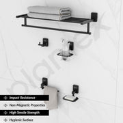 Plantex 304 Grade Stainless Steel Bathroom Accessories Set of 5 - Towel Stand/Napking Holder/Soap Holder/Toothbrush Holder/Robe Hanger - Darcy (Black)