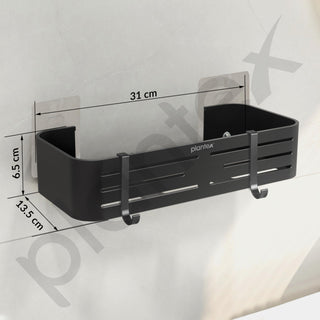 Plantex Aluminium Bathroom Shelf for Wall/Self Adhesive Kitchen Stand with Removable Hooks & Magic Stickers/Bathroom Fittings Accessories Set (12x5 inches, Matt Grey) - Pack of 2