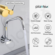 Plantex Pure Brass Sink tap for Kitchen Basin/Kitchen Tap with Brass Wall Flange and Water Saving Nozzle/Tap for Wash Basin/Kitchen Faucet-(ZUR-1508-Chrome)