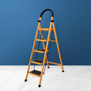 Plantex Premium GI Steel Foldable 5-Step Ladder for Home - Wide Anti Slip 5 Step Ladder (Yellow & Black)
