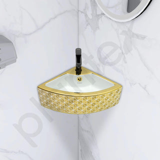 Plantex Ceramic Corner Basin/Wall Mount Washbasin for Bathroom/Small Corner Vessel Sink/Tabletop Wash Basin (Golden Cornia, 18 x 13 x 5 Inch)