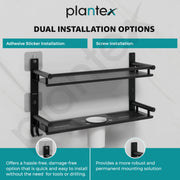 Plantex 5in1 Bathroom Organiser Without Drill/Stainless Steel Bathroom Shelf/Rack with Steel Soap Stand for Wall/Tumbler/Brush Holder/Bathroom Fittings Accessories Set (Black)