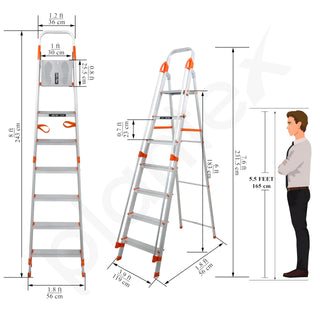 Plantex Secura 7 Step Aluminium Ladder for Home/Foldable Ladder with Safe Hand Rails/5 Year Manufacturer Warranty(Orange-Silver)