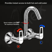 Plantex Sink Cock for Kitchen Sink/360 Degree Rotating with Foam Flow/Hot & Cold Sink Mixer/Wall Mount Swan Neck with Wall Flange and Teflon Tape - Pack of 1 (Chrome, 3223)