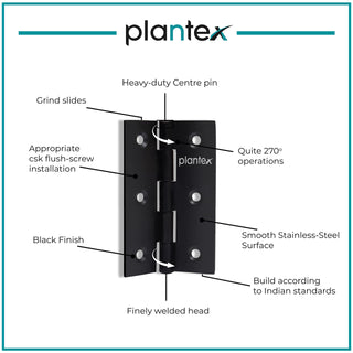 Plantex Heavy Duty Stainless Steel Door Butt Hinges 3 inch x 16 Gauge/1.5 mm Thickness Black Powder Coated Home/Office/Hotel for Main Door/Wooden/Bedroom/Kitchen/Window/Kabja - Pack of 12 (Black)