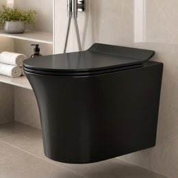 Plantex Platinum Ceramic P Trap Wall Hung Western Commode/Rimless Washdown Flush for Western Toilet/ Commode with Soft Close Toilet Seat Cover  - (Black)