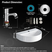 Plantex Ceramic Basin with Stainless Steel Pillar Cock/Wall Hung Basin/Deck Mount Tap/Basin for Bathroom - (Mark -Combo)