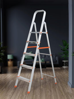 Plantex Restructured Legend Aluminium Folding 5 Step Ladder for Home - 5 Wide Step Ladder (Orange-Silver)