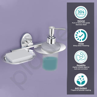 Plantex Soap Holder with Liquid Soap Dispenser/304 Grade Stainless Steel Soap Dish/Shampoo Dispenser/Soap Case/Handwash Dispenser/Bathroom Accessories - (Olive - Chrome)