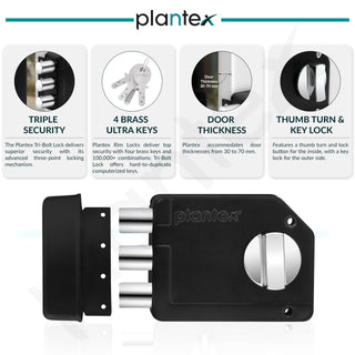 Plantex Tri-Bolt Lock for Main Door/Heavy Duty Door Lock with 4 Keys/Suitable on Single Door for Home/Office/Hotel - Pack of 1 (Z-Black)