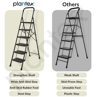 Plantex Alloy Steel 6 Step Ladder For Home/Foldable Strong Wide Step Ladder/Anti- Skid 6 Step Ladder - (Black & Grey)- refurbished