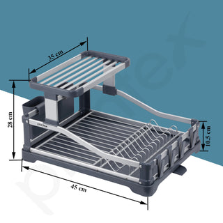 Plantex Kitchen Storage Rack/Aluminium Fold Flat Dish Drying Rack/2-Tier with Drainboard/Kitchen Organiser Rack - (Silver & Grey)