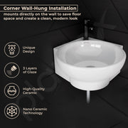 Plantex Ceramic White Corner Wash Basin/Wall Mount Basin for Bathroom/Corner Bathroom Basin/Glossy Small Sink with 10 Years Glaze Warranty by Plantex(Lily -14 x 14 x 5 Inch)