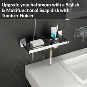 Plantex 2in1 Soap Dish with Tumbler Holder for Bathroom/304 Grade Stainless Steel Toothbrush Holder with Soap Case/Bathroom Accessories - (1914, Chrome)