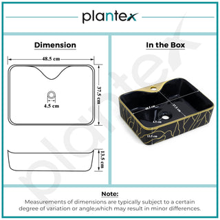 Plantex Ceramic Designer Washbasin for Bathroom/Countertop Wash Basin/Rectangle Tabletop Hand Wash Basin for Restaurant/Hotel (19x15x5 Inch - Black & Gold)