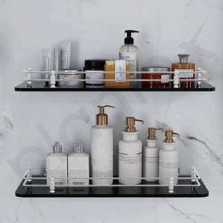 Plantex Premium Black Glass Shelf for Bathroom/Kitchen/Living Room - Bathroom Accessories (Polished, 18x6 Inches) - Pack of 2