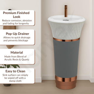 Plantex Acrylic Resin & Quartz Pedestal Basin for Bathroom/Designer One Piece Pedestal Free Standing Round Wash Basin for living Room/Hotel (White & Grey)