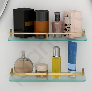 Plantex Frosted Glass Shelf for Bathroom/Shelf with Brass Railings and Brackets/Shelf for Living Room/Bedroom/Kitchen - Pack of 2 (15 x 6 inch, Brass Antique)
