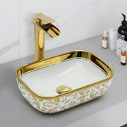 Plantex Ceramic Basin for Bathroom/Designer TableTop Wash Basin/Bathroom Vessel Sink/Washbasin - White & Gold (14.1 x 9 x 5 Inch)