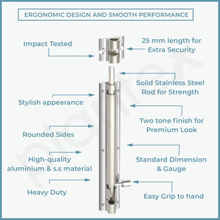 Plantex Heavy Duty 8-inch Joint-Less Tower Bolt for Wooden and PVC Doors for Home Main Door/Bathroom/Windows/Wardrobe - Pack of 1 (703, Silver & Chrome)