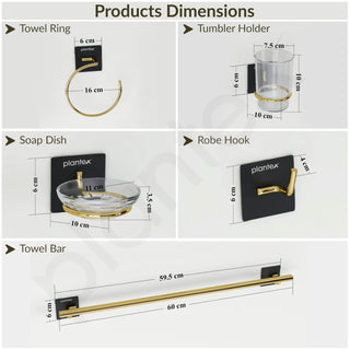 Plantex Self Adhesive Bathroom Accessories Set/Soap Holder/Tumbler Holder/Towel Rod/Napkin Holder/Robe Hook/Bathroom Accessories - Set of 5 (Matt Black & Gold)
