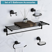 Plantex 304 Grade Stainless Steel Bathroom Accessories Set of 5 - Towel Stand/Napking Ring/Soap Stand/Toothbrush Holder/Robe Hanger - Niko (Black)