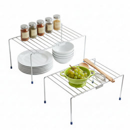 Plantex Stainless Steel Kitchen Shelf Organisers/Shelf Divider for Kitchen Storage/Cabinet Organiser/Plate Stand/Dish Rack - Pack of 2 (Chrome)