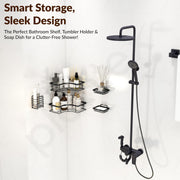 Plantex Alloy Steel Self Adhesive Bathroom Shelf Rack/Bathroom Organizer Without Drill/Soap Dish/Multipurpose Corner Shelf for Bathroom Wall/Soap Holder/Tumbler Holder-Combo(Black)