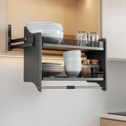 Plantex Pull Down Kitchen Cabinet Organizer/2-Tier Storage Lift Basket with Glass Finish/Space-Saving Overhead Kitchen Storage Rack/Modular Kitchen Accessories (Metal, 600 mm, Grey)