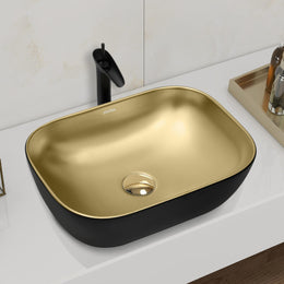 Plantex Table Top Wash Basin for Bathroom/Rectangle Ceramic Basin/Countertop Vessel Sink Basin for Home/Office/Hotel (Black & Gold - 18 x 13 x 5 Inch)