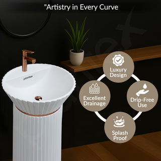 Plantex Ceramic Pedestal Basin for Bathroom/Designer One Piece Pedestal Free Standing Round Wash Basin for living Room/Hotel (White)